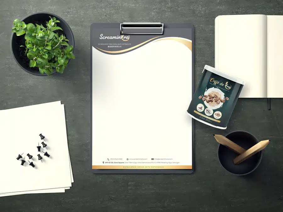 Letterhead mockup for ScreaminOra https://passionindesign.com/assets/uploads/Letterhead_ScreaminOra.webp