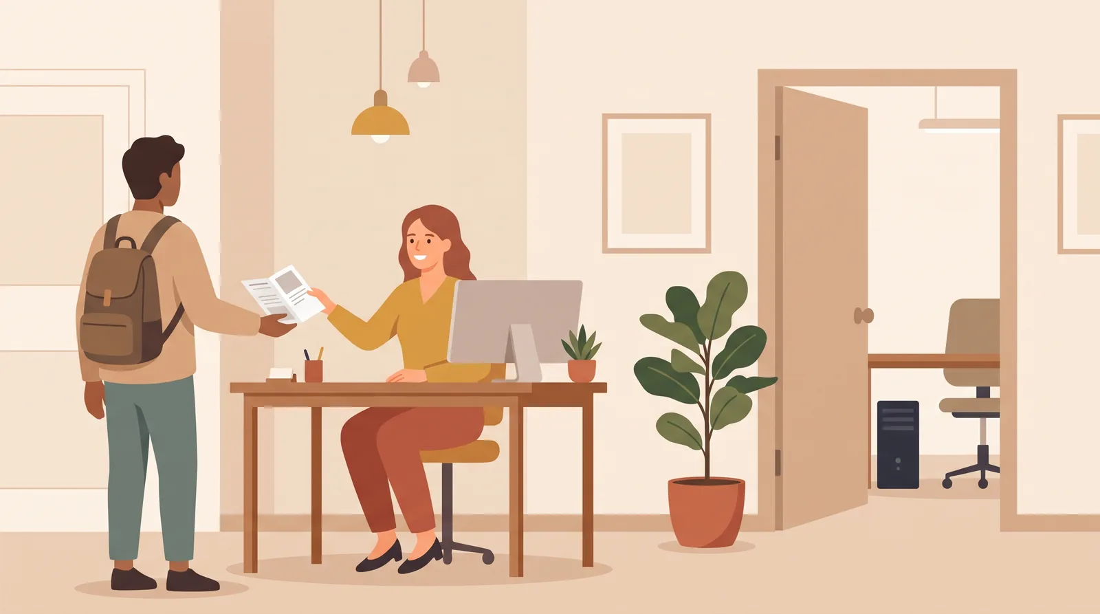 Receptionist at a front desk handing a visitor a copy of a brochure, with a quiet back office behind