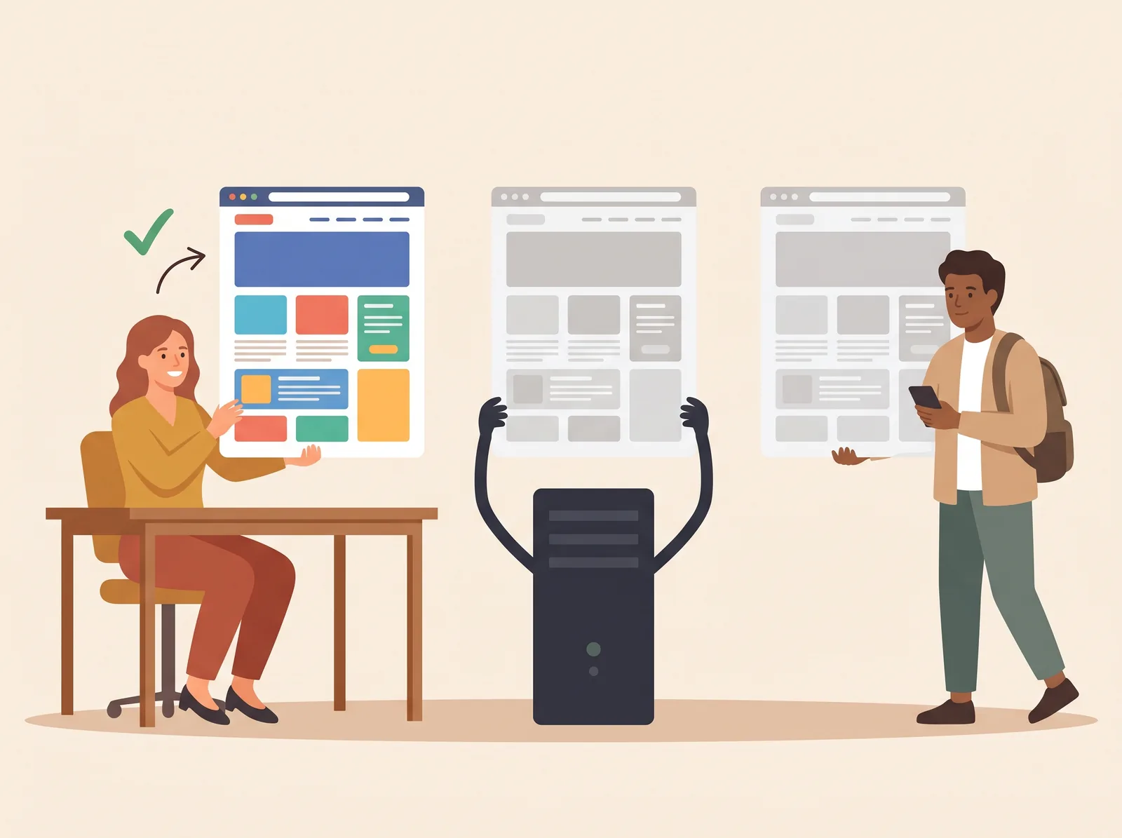 Three copies of the same web page held by a receptionist, a server and a visitor with a phone, only the receptionist's copy marked correct