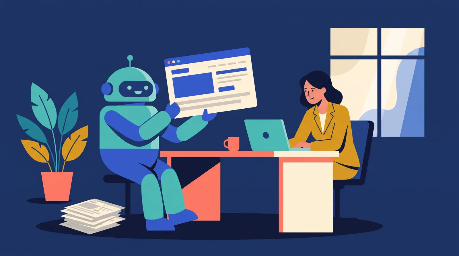 A friendly robot holds up a web page for a business owner working at a laptop