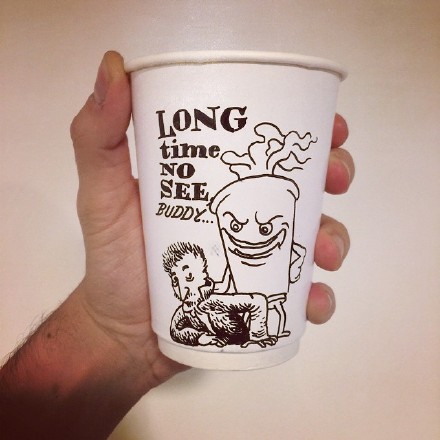 Paper cup drawing: Long time no see buddy..