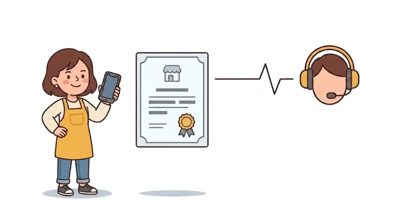 Business owner calling domain registrar support while holding company document