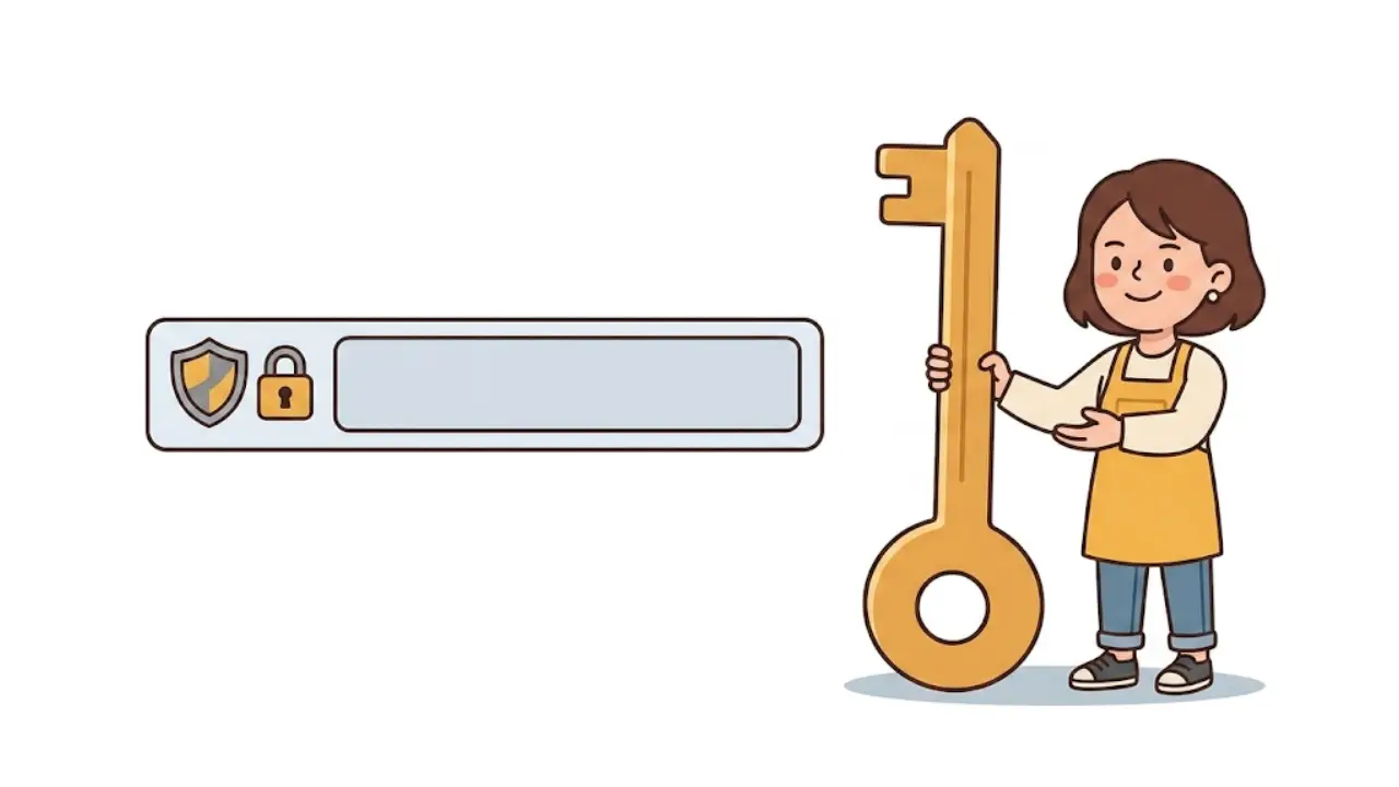 Business owner holding golden key next to secured browser address bar with shield and lock