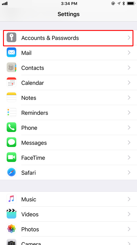 iOS add email account - Step 1: In your iPhone, got to Settings > Accounts & Passwords.