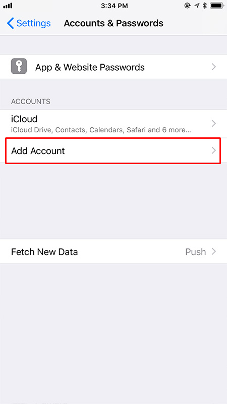 iOS add email account - Step 2: Select Add Account.