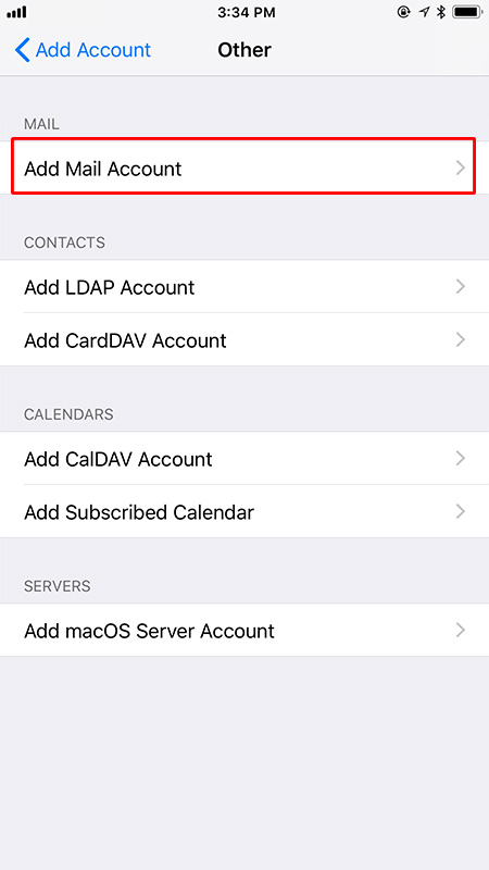 iOS add email account - Step 4: Select "Add Mail Account".