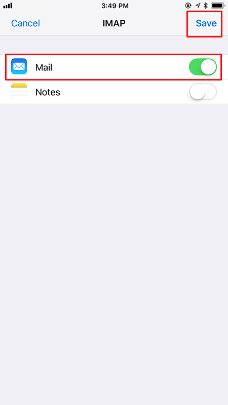 iOS add email account - Step 7: Make sure "Mail" is selected, click "Save".
