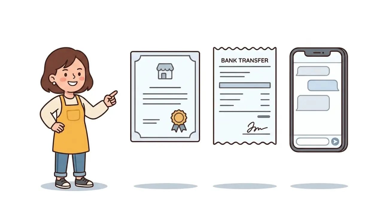 Business owner pointing at three key documents: company certificate, bank transfer receipt, and chat messages
